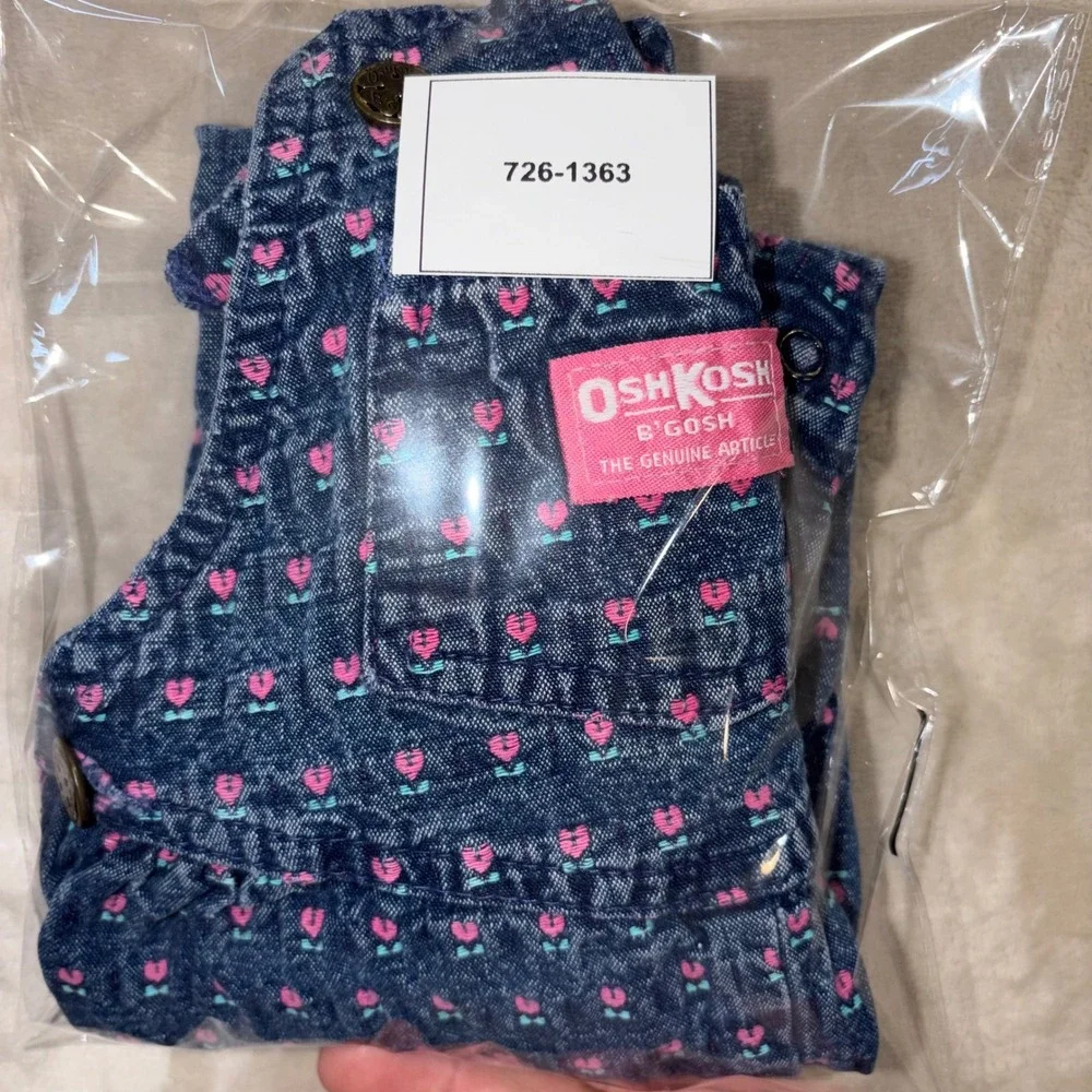 Vintage OshKosh Bgosh Vestbak Overalls 24M Blue Denim Pink Heart Floral USA Made